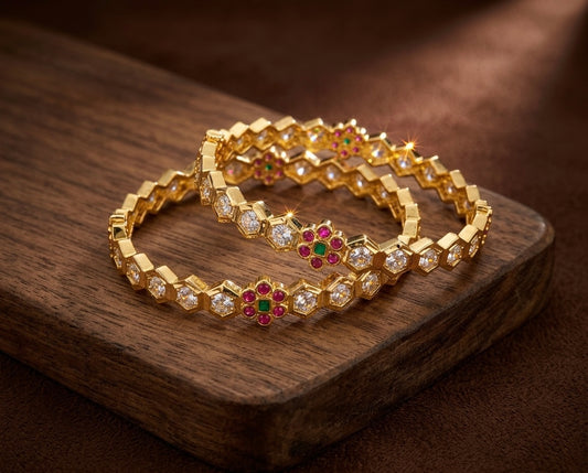 Gold tone AD pink-green-white bangles(2.8) Dj-53295