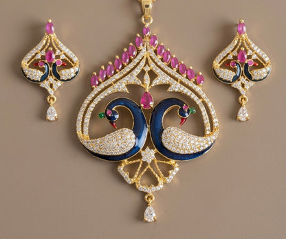 Gold tone cz ruby peacock pendant set-dj06034