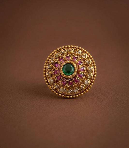 Antique gold tone pink-green-white big round flower finger ring dj-54332