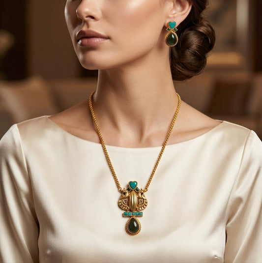 Antique gold tone peacock natural stone turquoise jadau necklace set dj-54194