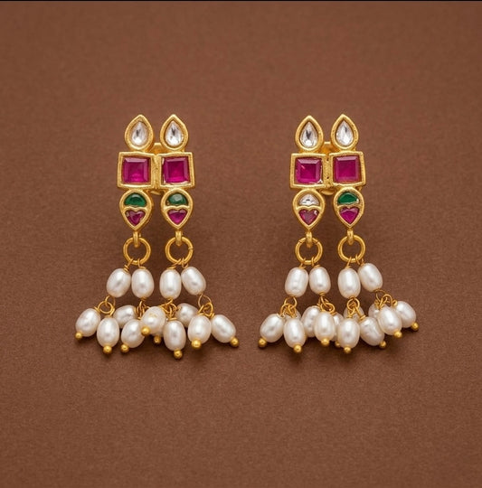Gold tone pink-green-white stone pearl kundan jadau earrings dj-53559