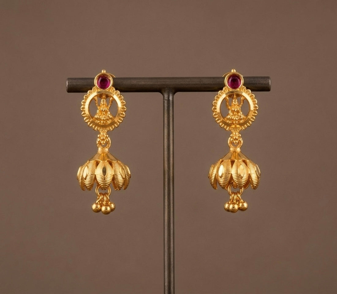 Gold tone pink stone small lakshmi lotus jhumkka dj-54404