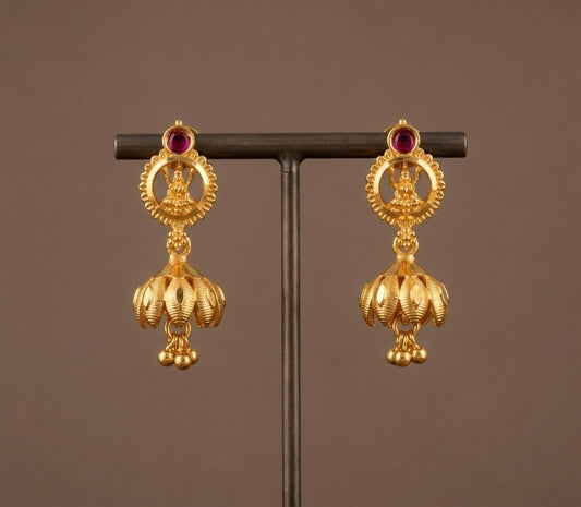 Gold tone pink stone small lakshmi lotus jhumkka dj-54404