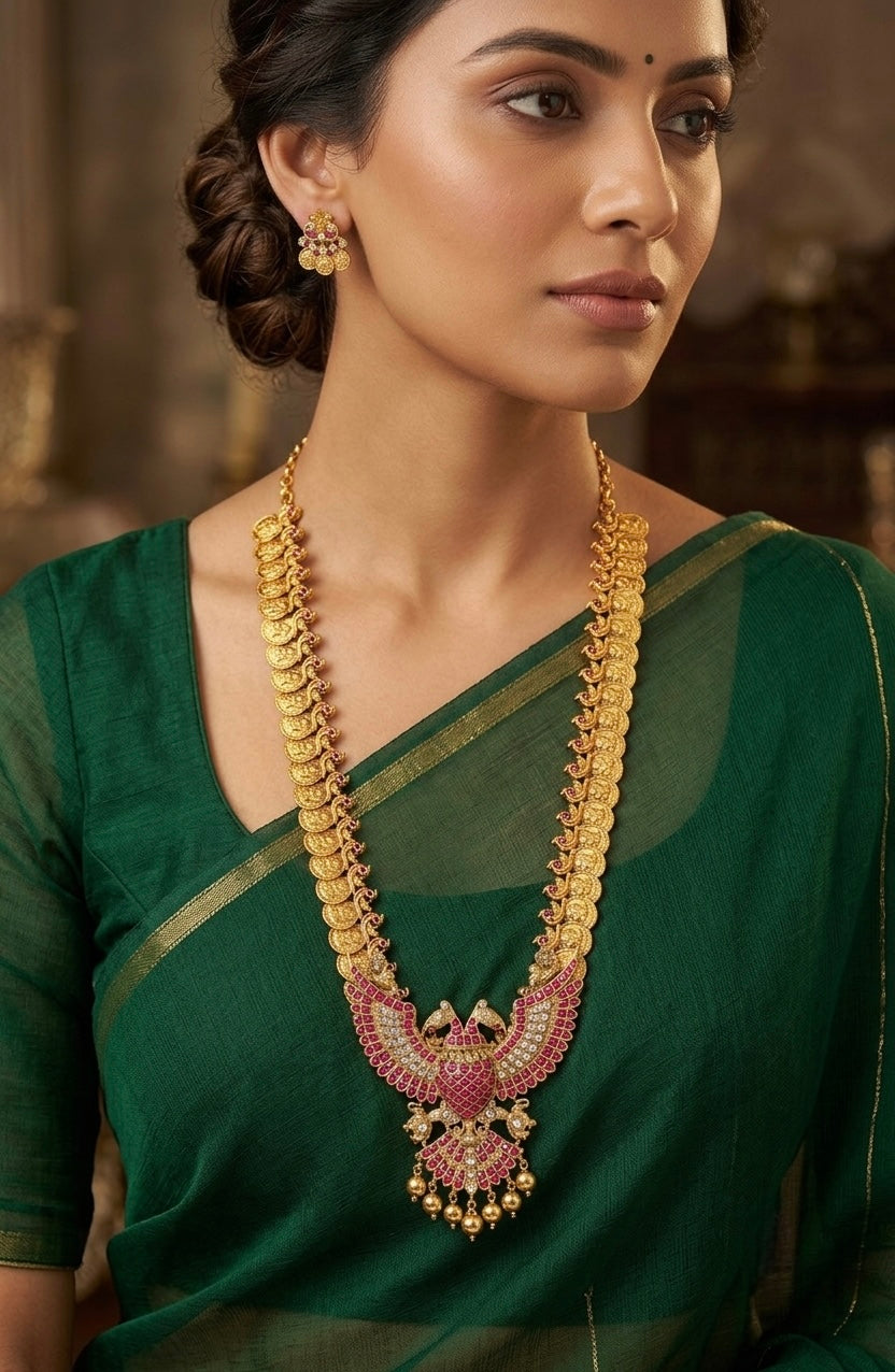 Antique gold tone kundan jadau Gandaberunda lakshmi coin peacock haar set dj-54197