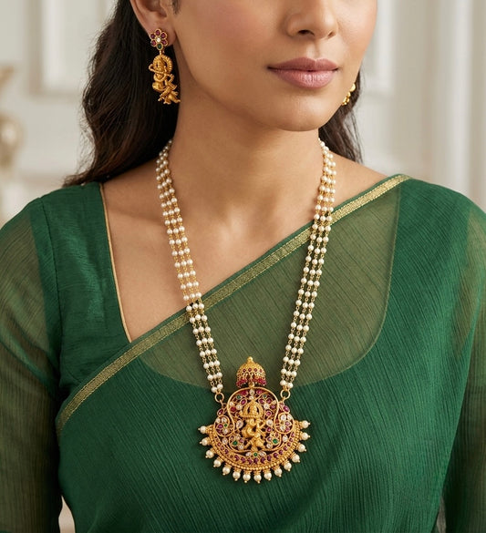 Matte finish real kemp-green krishna pendant pearl necklace set dj-55004
