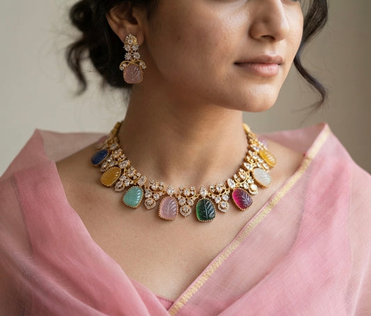 Gold tone carved multicolor stone necklace set dj-54814