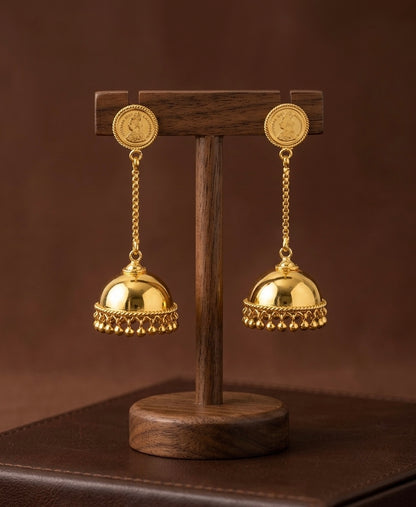 Gold tone kerala style head coin long jhumkka dj-54301