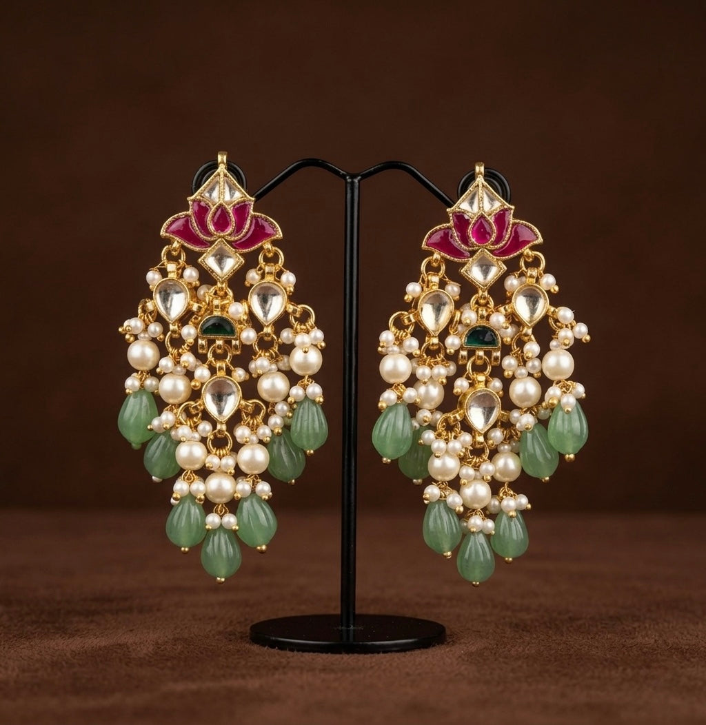 Gold tone pink-white-green kundan jadau green beaded lotus earrings dj-50717
