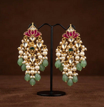 Gold tone pink-white-green kundan jadau green beaded lotus earrings dj-50717
