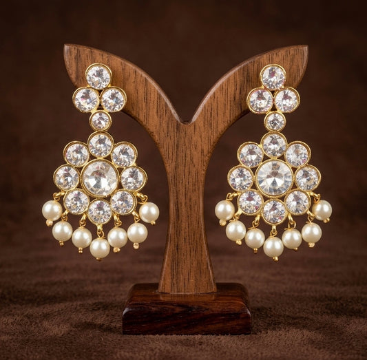 Gold tone precious white stone pearl earrings dj-53909