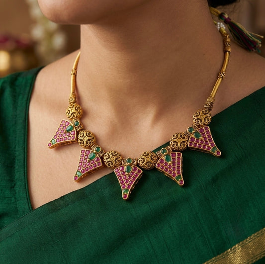 Antique gold tone hasli kundan jadau necklace dj-54313