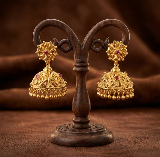 Gold tone ruby flower jhumkka dj-53150