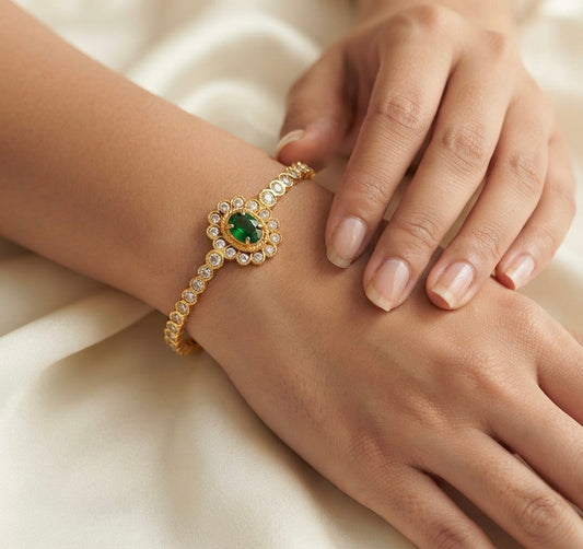 Gold tone AD white green stone diamond look alike bangle/kada(2.10) Dj-54873