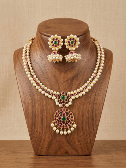 Gold tone precious kemp-green pearl attigai necklace set dj-52534