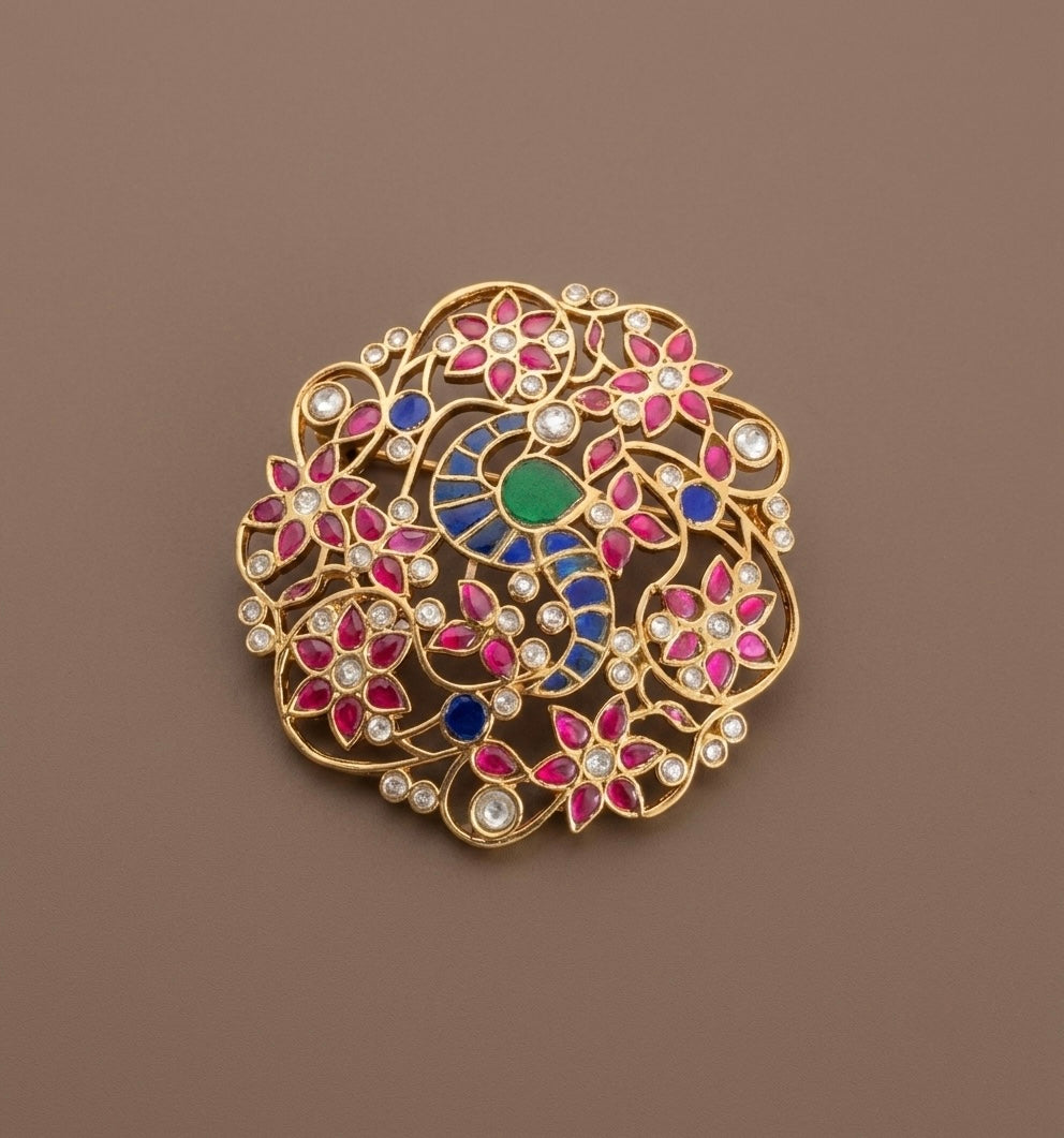 Gold tone navaratna kundan jadau peacock flower pendant dj-53846