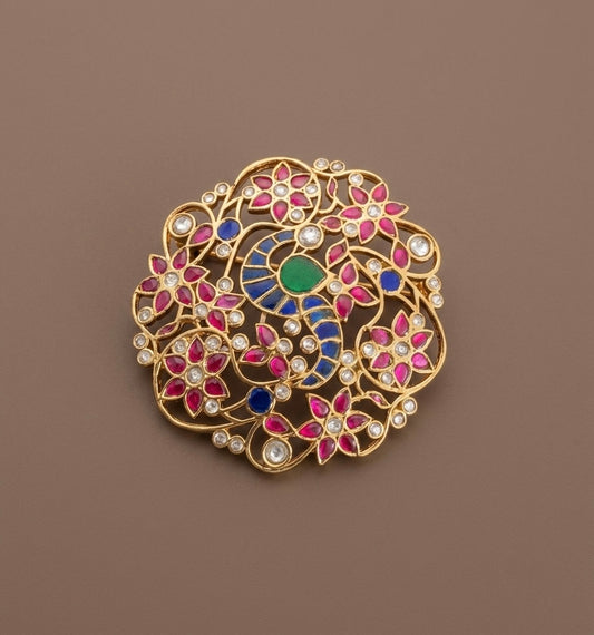 Gold tone navaratna kundan jadau peacock flower pendant dj-53846