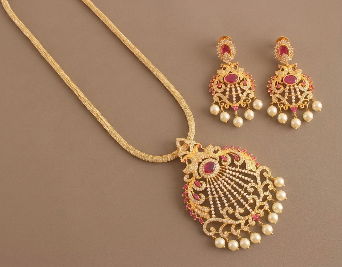 Gold Tone Cz-ruby Peacock Necklace Set-dj15288
