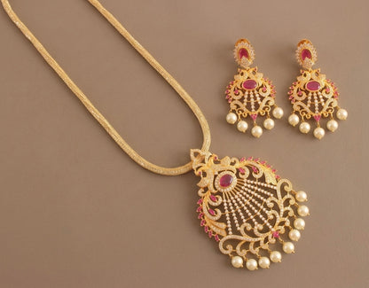Gold Tone Cz-ruby Peacock Necklace Set-dj15288