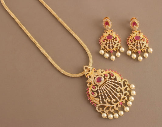Gold Tone Cz-ruby Peacock Necklace Set-dj15288