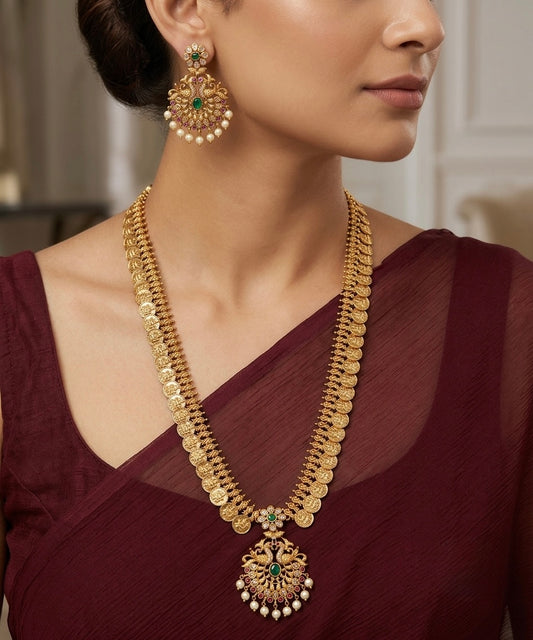 Antique gold tone kemp-green-white peacock pearl lakshmi coin haar set dj-54562
