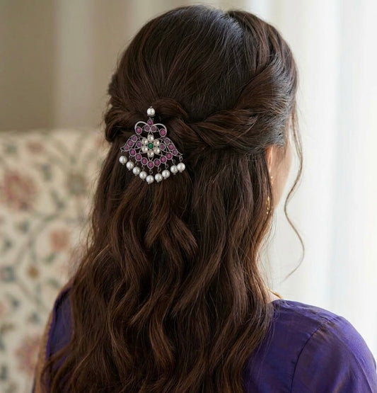 Black finish precious kemp-green-white pearl hair jewel/pin dj-54688