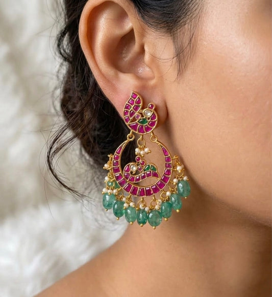 Gold tone pink-green stone peacock kundan jadau bali earrings dj-54592