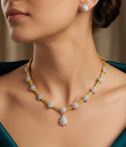 Gold tone cz diamond look flower necklace set dj-54036