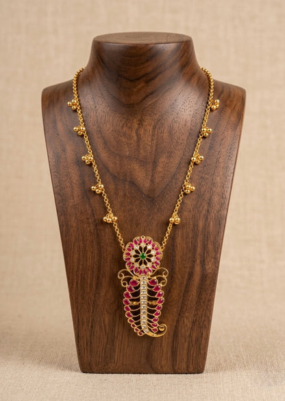 Gold tone pink-green-white kundan jadau mango flower necklace dj-53139