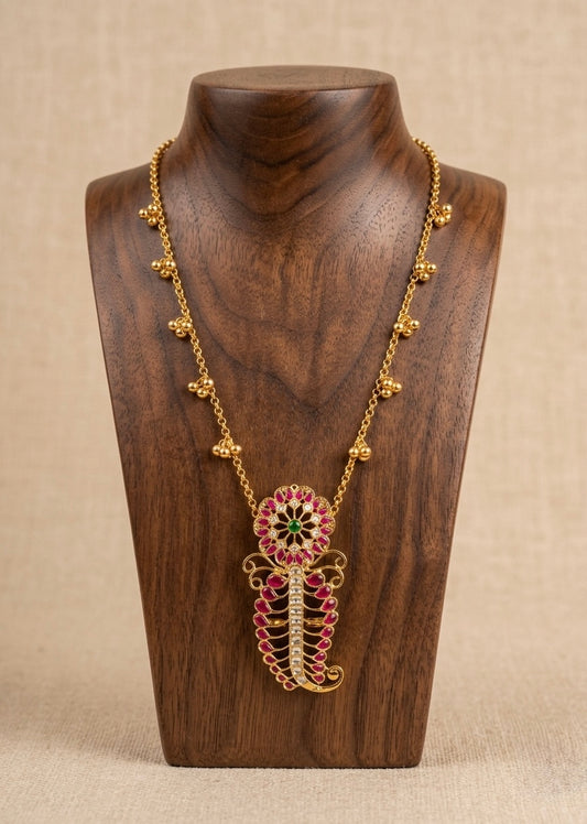 Gold tone pink-green-white kundan jadau mango flower necklace dj-53139