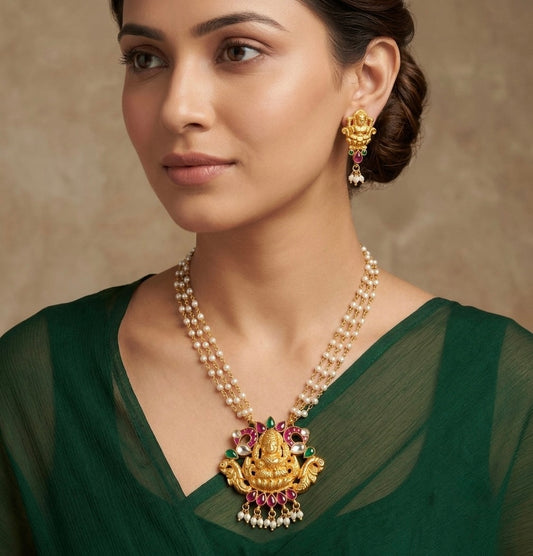 Gold tone lakshmi peacock kundan jadau pearl necklace set dj-54488