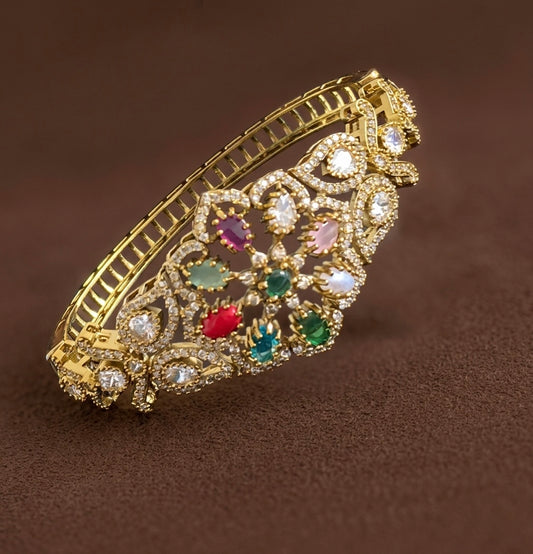 Antique gold tone flower navarathna openable kada/bracelet dj-53975