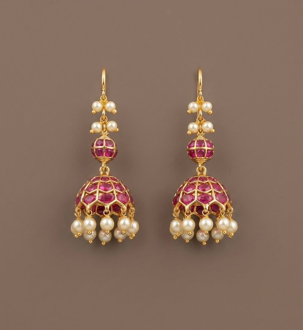 Antique gold tone kemp stone pearl hook jhumkka dj-54636