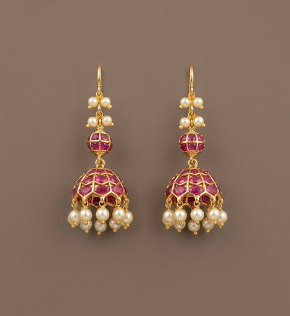 Antique gold tone kemp stone pearl hook jhumkka dj-54636