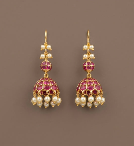 Antique gold tone kemp stone pearl hook jhumkka dj-54636