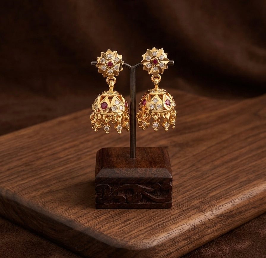 Gold tone AD pink-white south Indian flower jhumkka dj-53267
