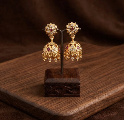 Gold tone AD pink-white south Indian flower jhumkka dj-53267