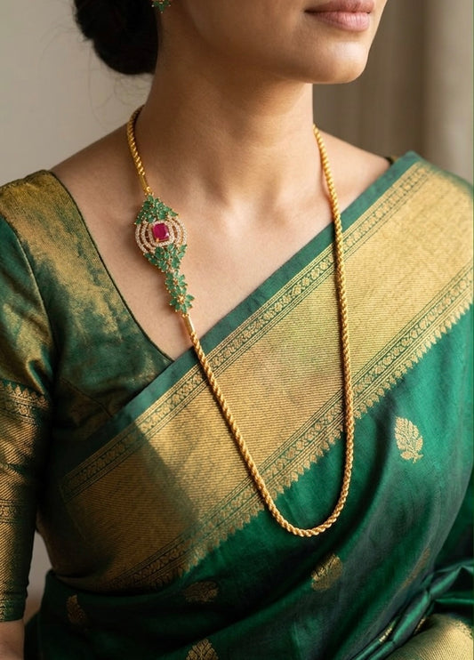 Gold tone cz ruby-white-emerald mugappu chain dj-37696