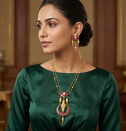 Gold tone double layer lotus kundan jadau necklace set dj-54192