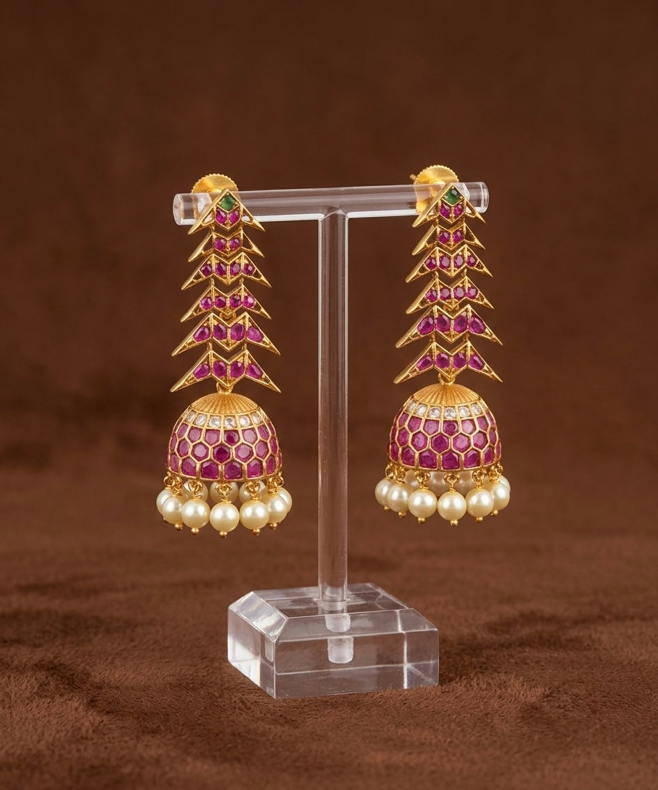 Antique gold tone kemp-green-white stone pearl long jhumkka dj-54637