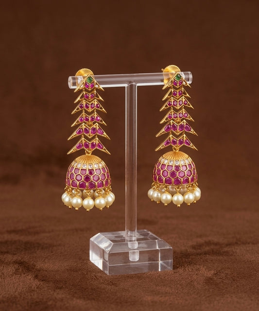 Antique gold tone kemp-green-white stone pearl long jhumkka dj-54637