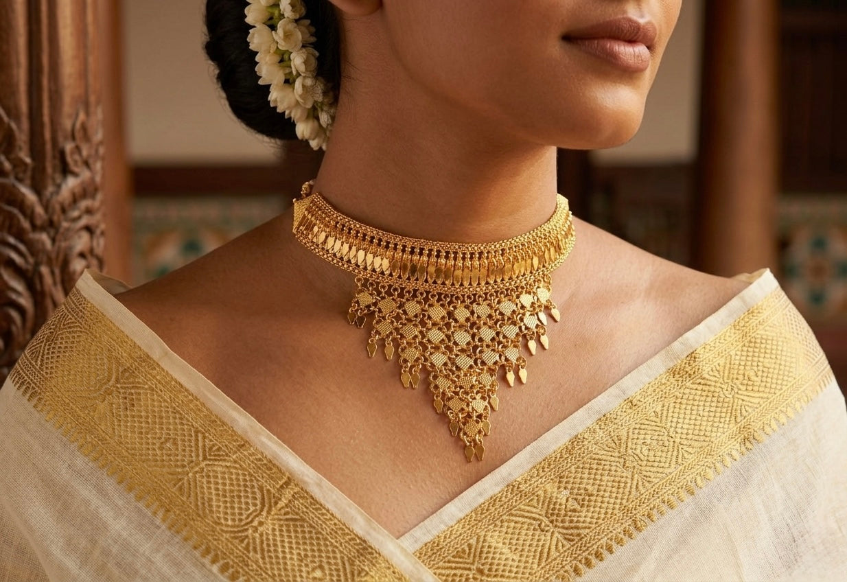 Gold tone kerala style elakka thali heart choker necklace dj-53106