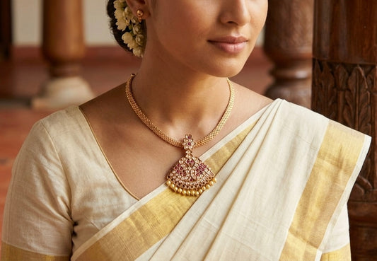 Gold tone South Indian style AD ruby-pearl swan attigai/necklace dj-53041