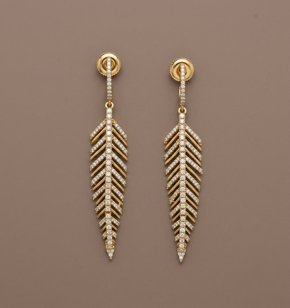 Dark antique gold tone white stone leaf long earrings dj-54641