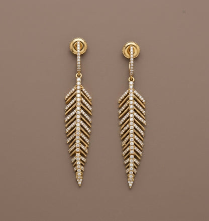 Dark antique gold tone white stone leaf long earrings dj-54641