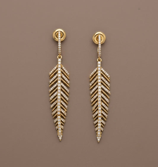 Dark antique gold tone white stone leaf long earrings dj-54641