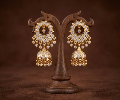 Gold tone south indian style AD white stone round  jhumkka dj-53866