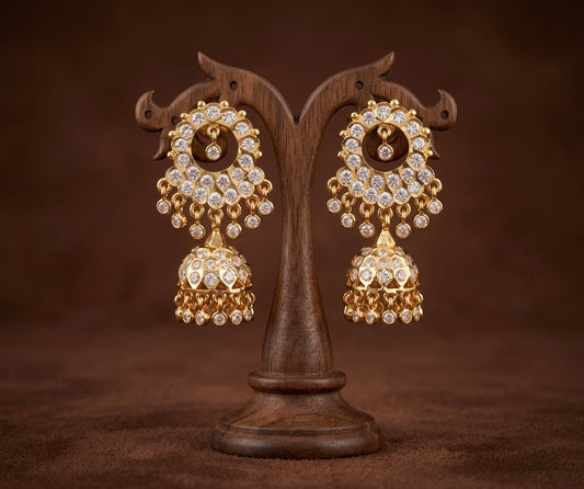 Gold tone south indian style AD white stone round  jhumkka dj-53866
