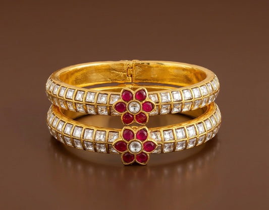 Gold tone kemp-white kundan jadau screw type bangles(2.4) dj-53505