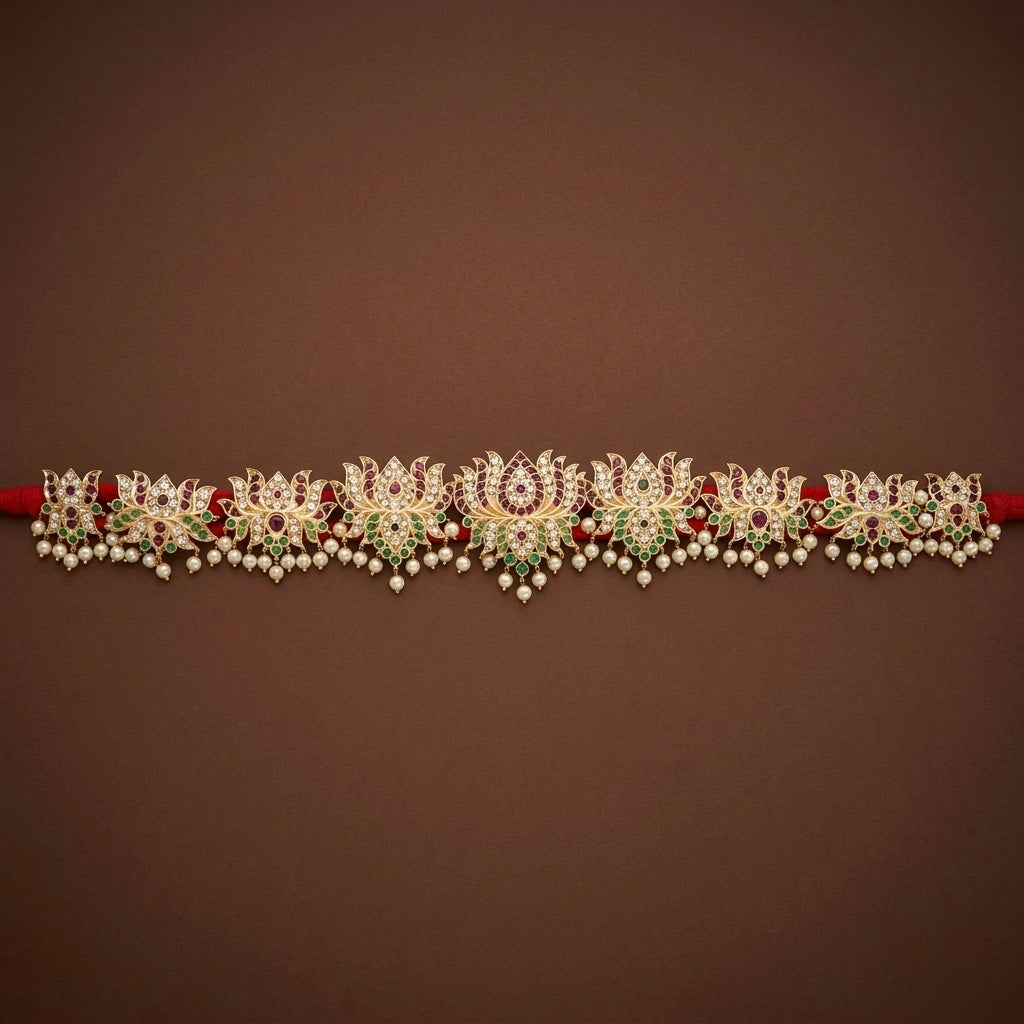 Gold tone precious kemp-green-white pearl lotus waist band dj-53377