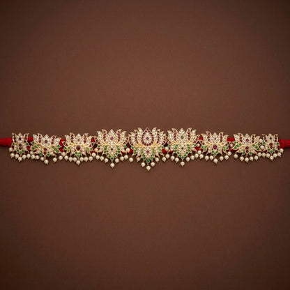 Gold tone precious kemp-green-white pearl lotus waist band dj-53377